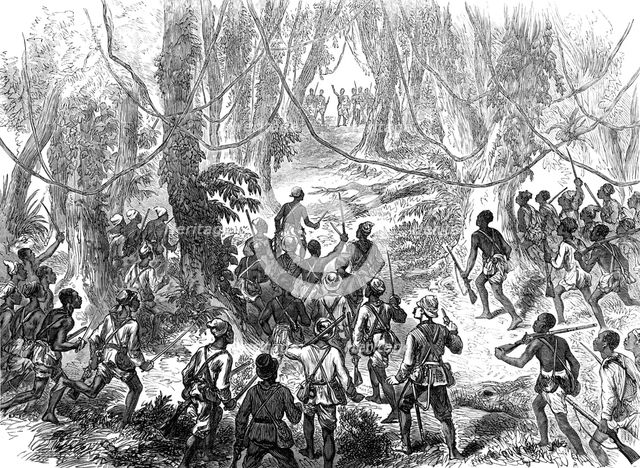 Lord Gifford and...scouts on the Adansi Hills warned by an Ashantee priest not to go forward, 1874. Creator: Unknown.