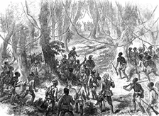Lord Gifford and...scouts on the Adansi Hills warned by an Ashantee priest not to go forward, 1874. Creator: Unknown