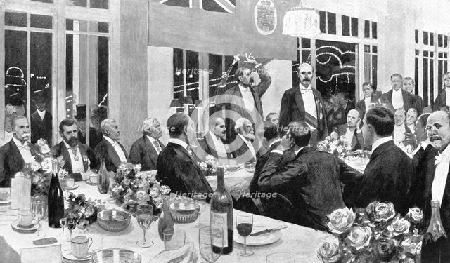 Lord Grey replying to the toast of the evening at the Dominion Day Banquet at the White City, 1909. Creator: Amedee Forestier.