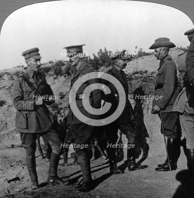 Lord Kichener reviews the situation at Gallipolli with ANZAC officers, World War I, 1915-1916.Artist: Realistic Travels Publishers