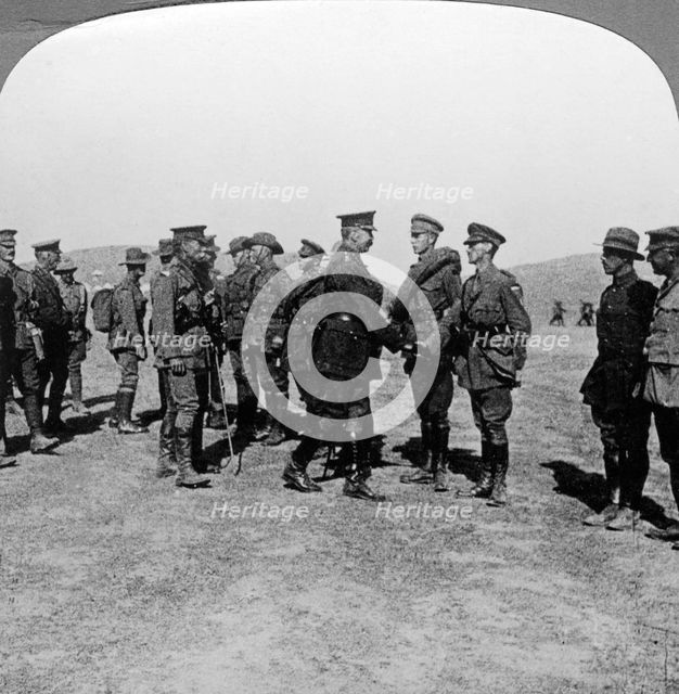 Lord Kitchener praises troops for their assaults at the Dardanelles, World War I, 1915-1916.Artist: Realistic Travels Publishers