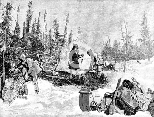 Lord Lonsdale’s Travels in North America: noonday halt, temperature 55 degrees below zero, 1890. Creator: H. F. Davey.