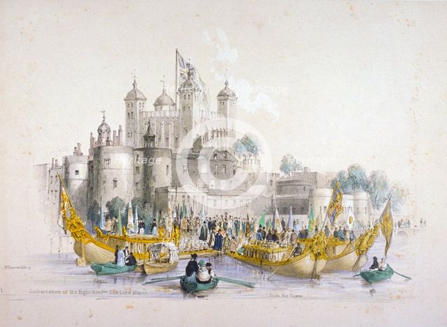 Lord Mayor Thomas Johnson and his entourage embarking from the Tower of London, 1840. Artist: William Parrott