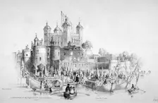 Lord Mayor Thomas Johnson and his entourage embarking from the Tower of London, 1840. Artist: William Parrott