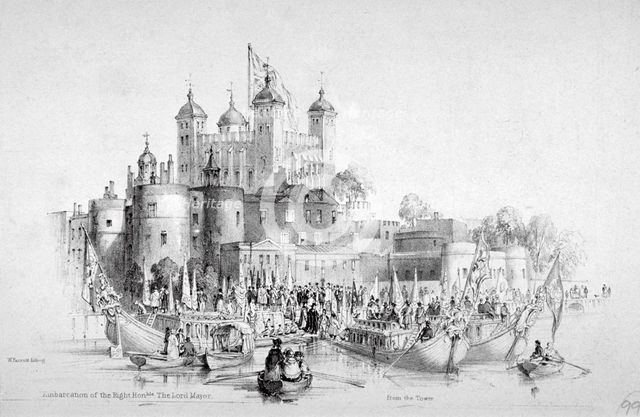 Lord Mayor Thomas Johnson and his entourage embarking from the Tower of London, 1840. Artist: William Parrott