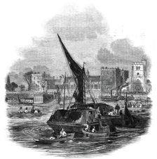 Lord Mayor's Day - the Stationers Company's barge at Lambeth Palace, 1845. Creator: Ebenezer Landells