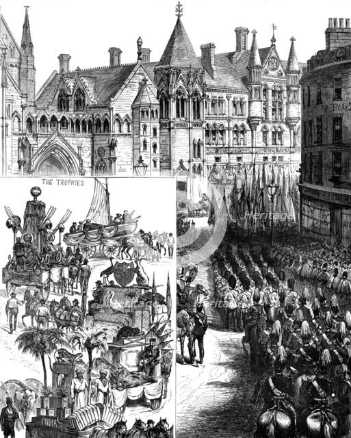 Lord Mayor's Day: procession waiting outside the new Law Courts - Indian and Colonial Trophies, 1883 Creator: Unknown.