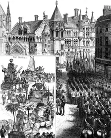 Lord Mayor's Day: procession waiting outside the new Law Courts - Indian and Colonial Trophies, 1883 Creator: Unknown