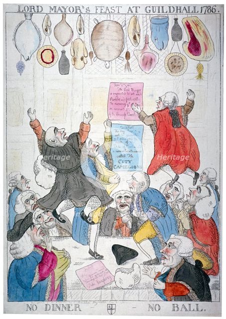 'Lord Mayor's feast at Guildhall, 1786, no dinner - no ball', 1786.      Artist: Anon