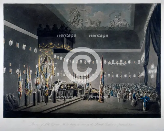 Lord Nelson lying in state in the painted chamber at Greenwich Hospital, London, 1806.  Artist: M Merigot