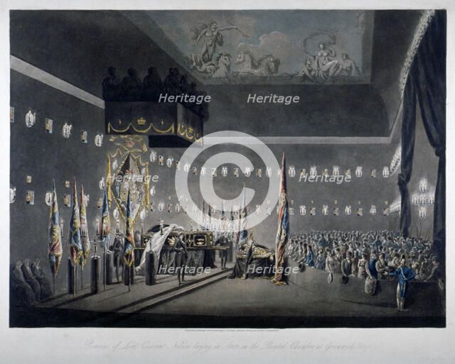 Lord Nelson lying in state in the painted chamber at Greenwich Hospital, London, 1806.  Artist: M Merigot