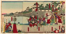 Lord Oda Nobunaga Viewing the Restoration of Kiyosu Castle (Oda Nobunaga ko Kiyosujo..., 1888. Creator: Yoshifuji