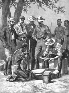 Lord Randolph Churchill in South Africa; watchg the experts panning out samples 1891. Creator: Major Giles