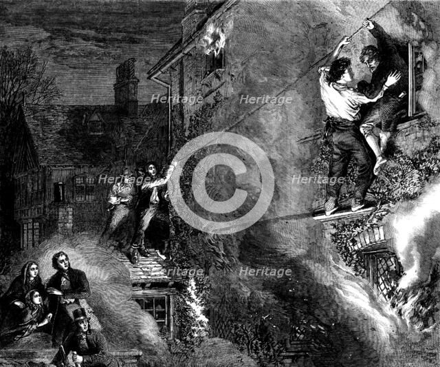 "Lord Riverdale's Repentance": George rescuing his grandfather, drawn by A. Hunt, 1862. Creator: Mason Jackson.