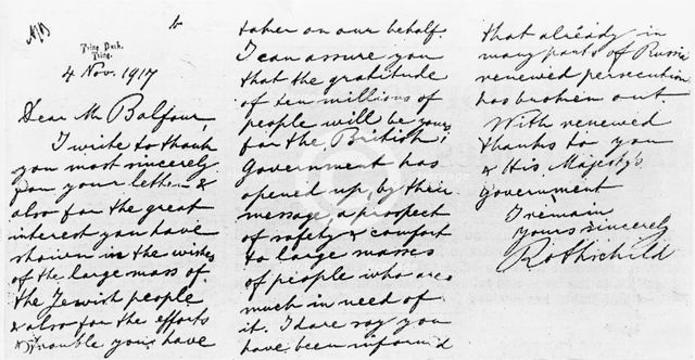 Lord Rothschild's reply to Balfour, following his receipt of the Balfour Declaration, 1917. Creator: Lionel Nathan de Rothschild.