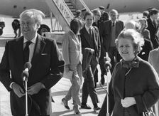 Lord Soames is greeted by Margaret Thatcher on his arrival at Heathrow, London, 21st April 1980