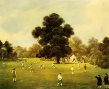 Lords and Gentlemen of Surrey and Kent Playing Cricket at Knole Park, Kent, 1775 1947. Creator: Unknown