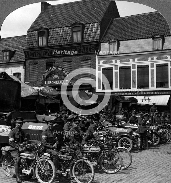 Lorries and motorcycles of the Indian Army Corps, Merville, France, World War I, 1914-1918.Artist: Realistic Travels Publishers