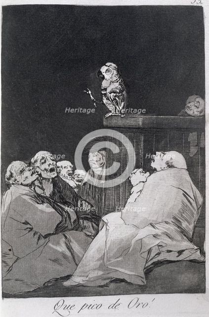 Los Caprichos, series of etchings by Francisco de Goya (1746-1828), plate 53: '¡Que pico de oro!'…