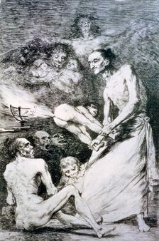 Los Caprichos, series of etchings by Francisco de Goya (1746-1828), plate 69: Sopla (Gust the w…