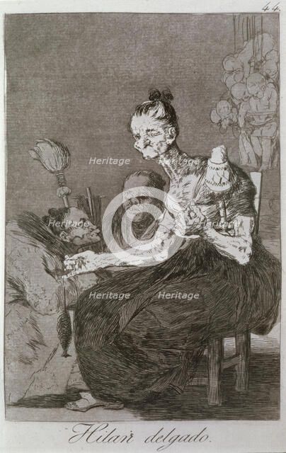 Los Caprichos, series of etchings by Francisco de Goya (1746-1828), plate 44: 'Hilan delgado' (Th…