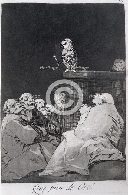 Los Caprichos, series of etchings by Francisco de Goya (1746-1828), plate 53: '¡Que pico de oro!'…