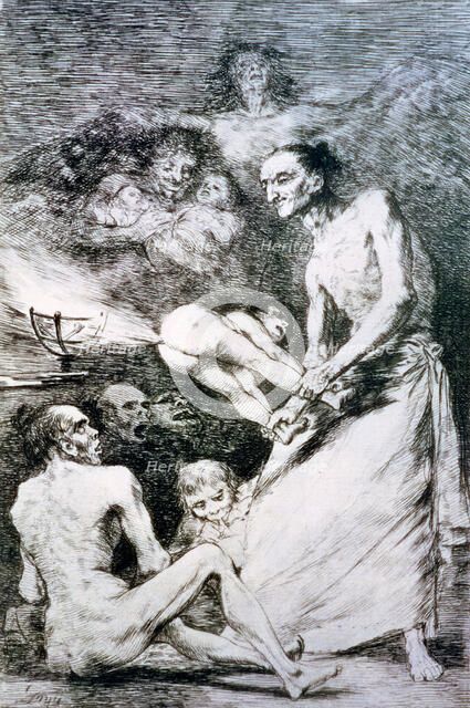 Los Caprichos, series of etchings by Francisco de Goya (1746-1828), plate 69: 'Sopla' (Gust the w…