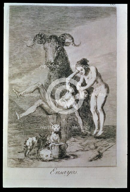 Los Caprichos, series of etchings by Francisco de Goya (1746-1828), plate 60: 'Ensayos' (Trials),…