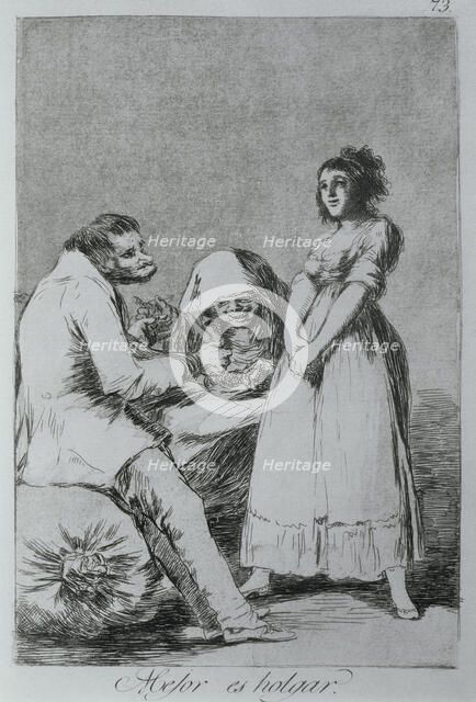 Los Caprichos, series of etchings by Francisco de Goya (1746-1828), plate 73: 'Mejor es holgar' (…