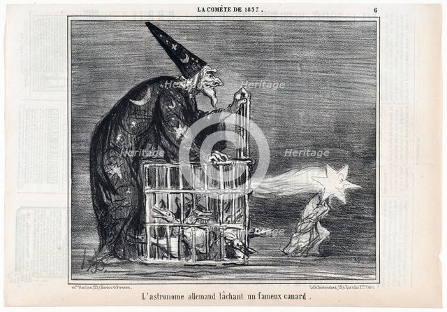 La Comète de 1857, L'astronome allemand lâchant un fameux canard, from  Le Charivari, pub. 1858.  Creator: Honoré Daumier (1808–1879 ).