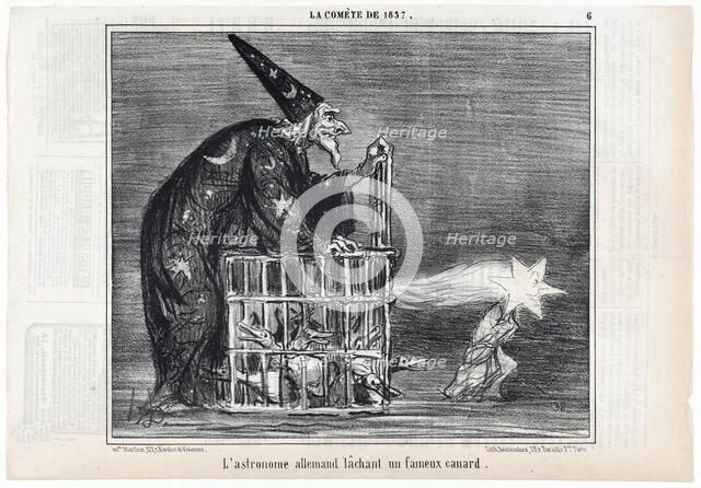 La Comète de 1857, L'astronome allemand lâchant un fameux canard, from  Le Charivari, pub. 1858.  Creator: Honoré Daumier (1808–1879 ).
