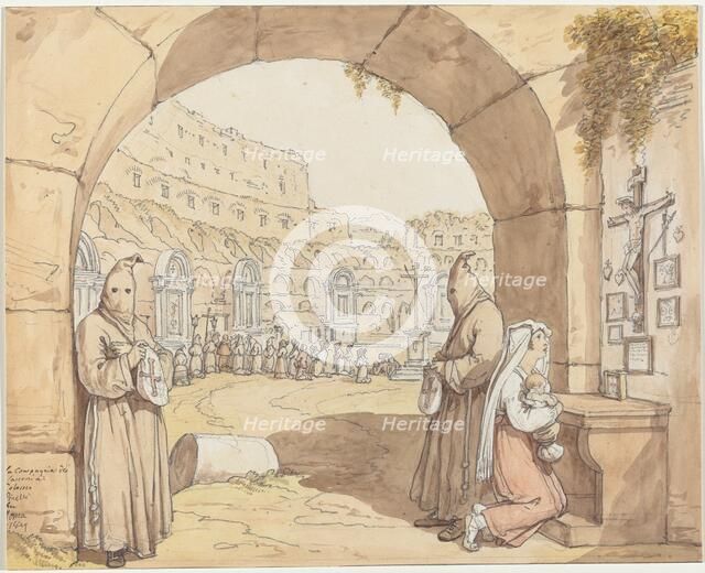 La Compagnia dei sacconi al Colosseo (Penitents Praying at Altars in the Colosseum), 1829. Creator: Bartolomeo Pinelli.