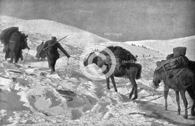 'La campagne d'hiver en Orient; Le ravitaillement dans la neige des postes francais et..., 1917. Creator: Unknown.