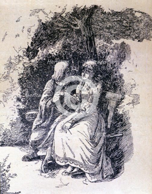 La Celestina, 1883, engraving with Calixto and Melibea under the tree.