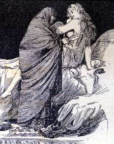 La Celestina wakes Melibea engraving in La Celestina by Fernando de Rojas, published in 1883