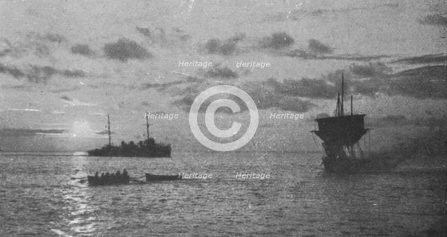 'La chasse aux voiliers Turcs dans la mer Noire; Autre voilier turc incendie apres avoir..., c1915. Creator: Unknown.