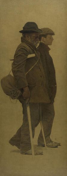 La Bouchée de pain : un vieil homme à béquilles et un jeune homme côte à côte, c.1904. Creator: Fernand Pelez