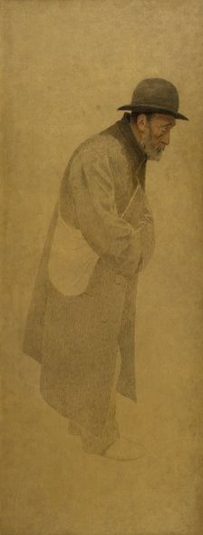 La Bouchée de pain : vieil homme coiffé d'un chapeau melon, une besace en bandoulière, c.1904. Creator: Fernand Pelez