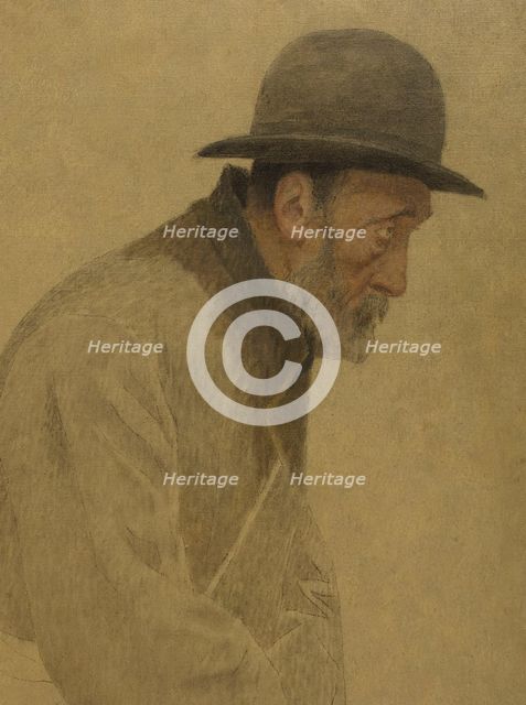 La Bouchée de pain : vieil homme coiffé d'un chapeau melon, une besace en bandoulière, c.1904. Creator: Fernand Pelez.