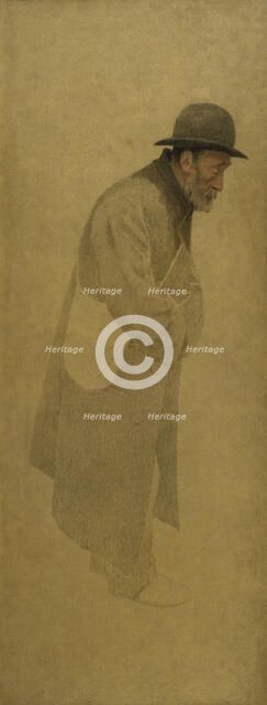 La Bouchée de pain : vieil homme coiffé d'un chapeau melon, une besace en bandoulière, c.1904. Creator: Fernand Pelez.