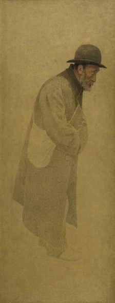 La Bouchée de pain : vieil homme coiffé d'un chapeau melon, une besace en bandoulière, c.1904. Creator: Fernand Pelez