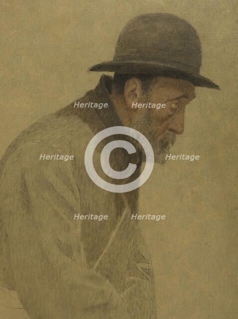 La Bouchée de pain : vieil homme coiffé d'un chapeau melon, une besace en bandoulière, c.1904. Creator: Fernand Pelez.