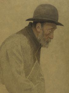 La Bouchée de pain : vieil homme coiffé d'un chapeau melon, une besace en bandoulière, c.1904. Creator: Fernand Pelez