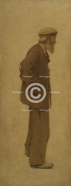 La Bouchée de pain : vieil homme de profil, coiffé d'un béret, mains dans les poches, c.1904. Creator: Fernand Pelez.