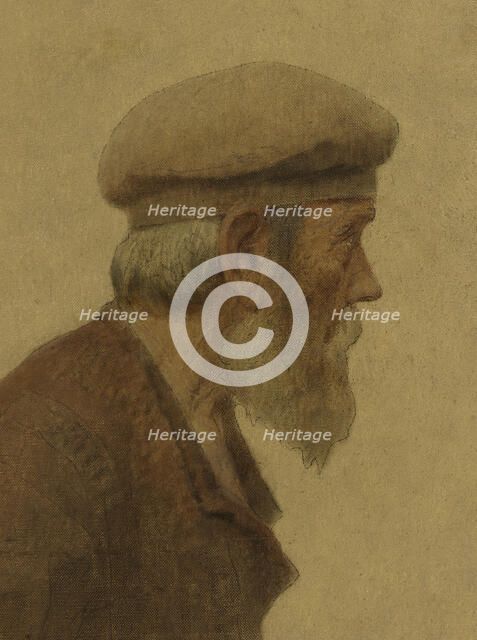 La Bouchée de pain : vieil homme de profil, coiffé d'un béret, mains dans les poches, c.1904. Creator: Fernand Pelez.