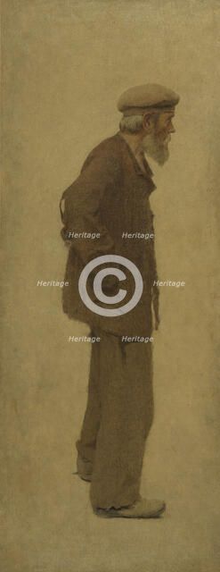 La Bouchée de pain : vieil homme de profil, coiffé d'un béret, mains dans les poches, c.1904. Creator: Fernand Pelez.