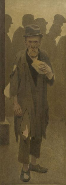 La Bouchée de pain : vieil homme en haillons, de face, tenant un morceau de pain, c.1904. Creator: Fernand Pelez