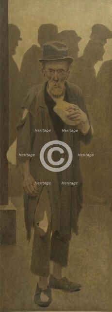 La Bouchée de pain : vieil homme en haillons, de face, tenant un morceau de pain, c.1904. Creator: Fernand Pelez.