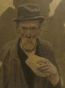 La Bouchée de pain : vieil homme en haillons, de face, tenant un morceau de pain, c.1904. Creator: Fernand Pelez