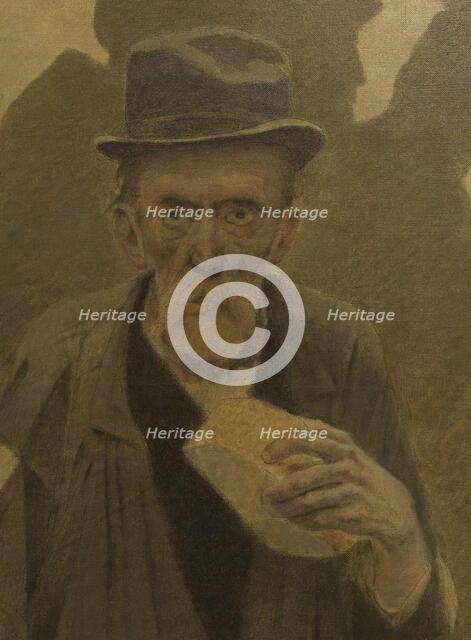 La Bouchée de pain : vieil homme en haillons, de face, tenant un morceau de pain, c.1904. Creator: Fernand Pelez.